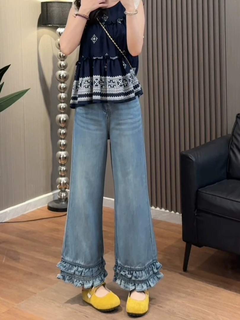 秋季新款高腰显瘦蕾丝花边微喇牛仔裤女胖MM梨形小个子百搭直筒裤