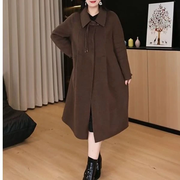 木棉林秋冬新款中年过膝长款显瘦保暖咖色大衣外套2410073