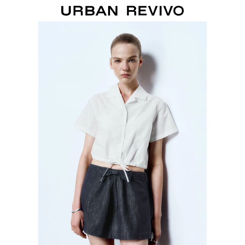 UR2025春季新款女装欧若风休闲简约系带短袖开襟衬衫UYY250024