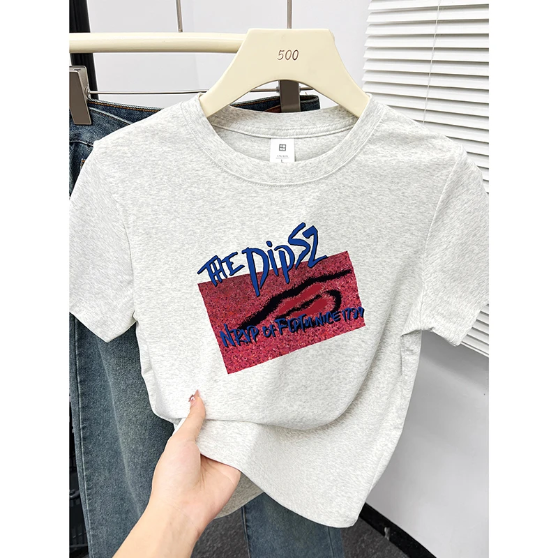 韩版正肩短袖T恤女夏季2025新款时尚休闲字母前后印花半袖上衣潮