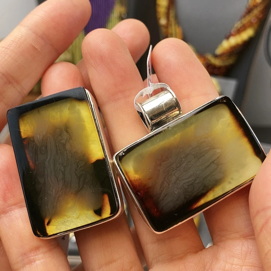 琥珀裸石银S925镶嵌吊坠戒指套装