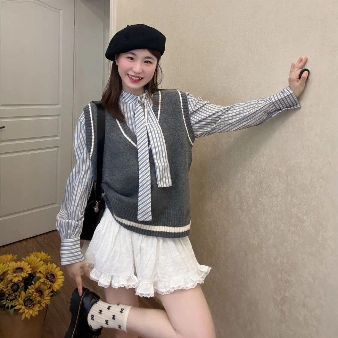 韩剧穿搭套装女学院风马甲背心蝴蝶结衬衣叠穿两件套春秋新款