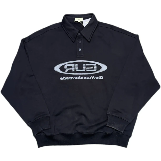 翻领宽松重磅做旧印花套头卫衣28961