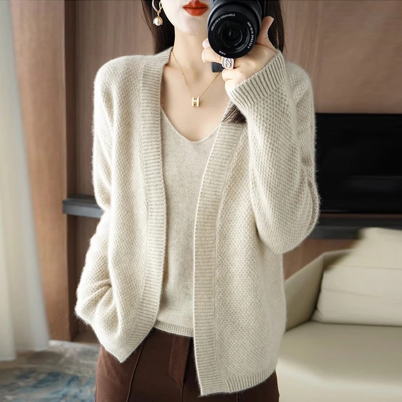 100纯羊绒衫女秋冬新款洋气针织开衫羊毛外套宽松加厚俩件套毛衣