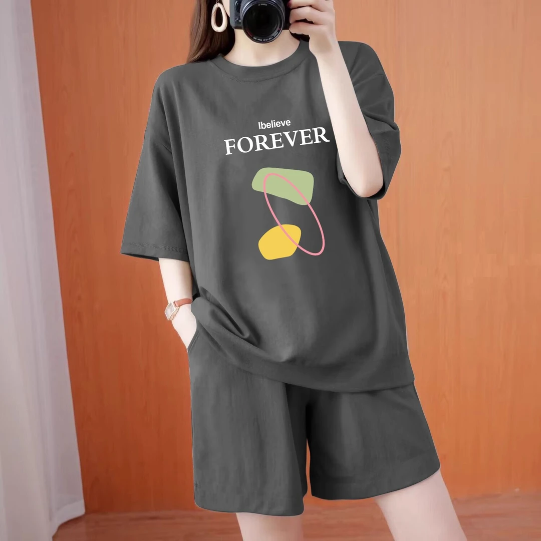 纯棉休闲运动套装女夏季新款韩版减龄宽松时尚短袖短裤跑步两件套