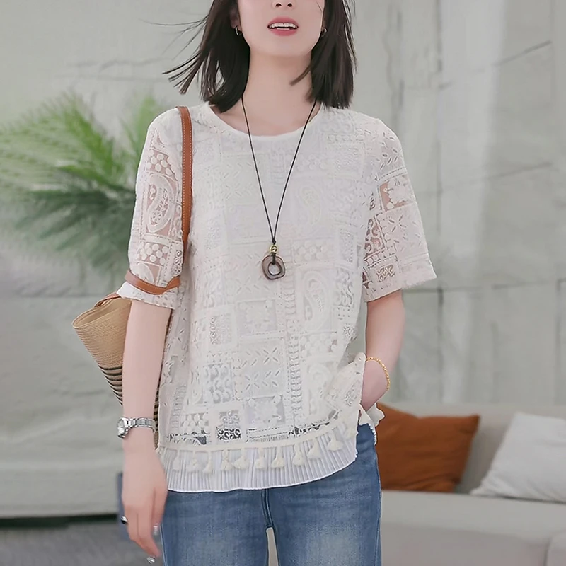 蕾丝镂空短袖t恤女夏季2025新款时尚设计感别致刺绣休闲小衫上衣