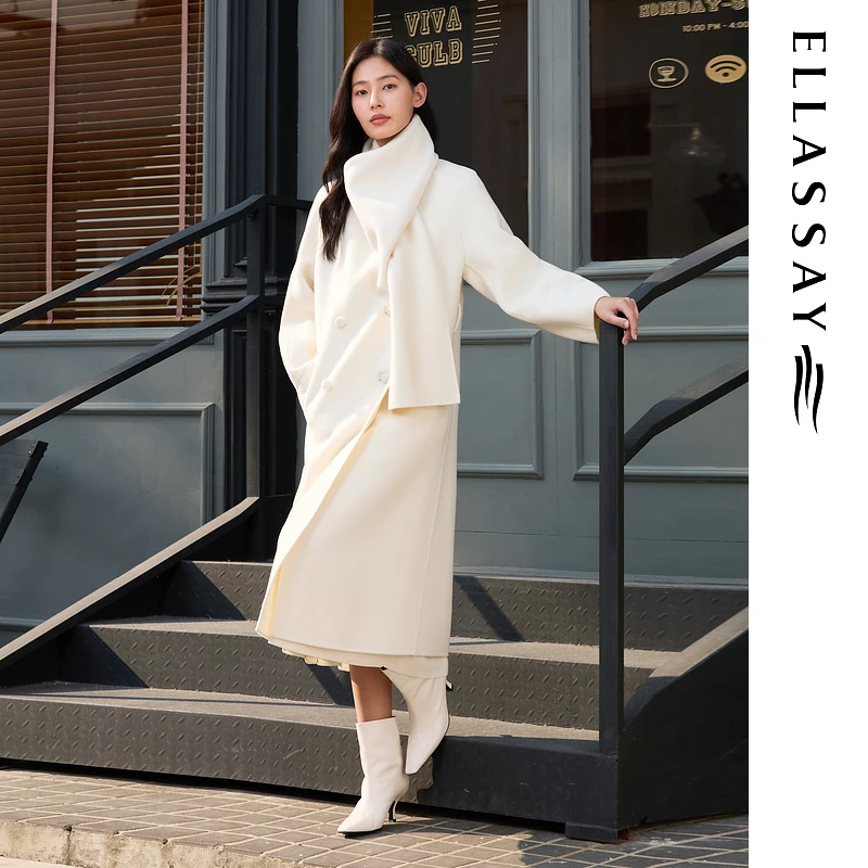 ELLASSAY歌力思2025秋冬新款绵羊毛围巾领毛呢大衣女EWE363D04200