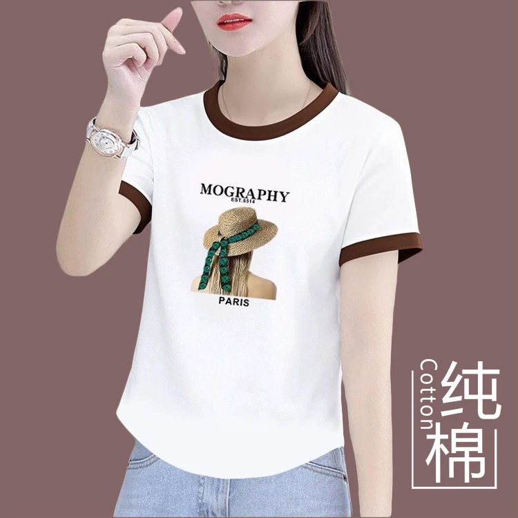 新款圆领夏季T恤女短袖时尚气质女装宽松印花大码百搭上衣潮小众