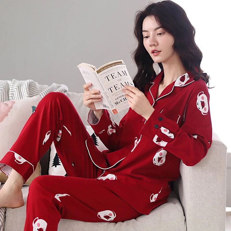 俞兆林100%纯棉结婚喜庆家居服女春秋冬新款长袖中年红色开衫睡衣