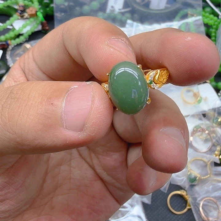 和田玉（碧玉）戒指银S925镀金镶嵌
