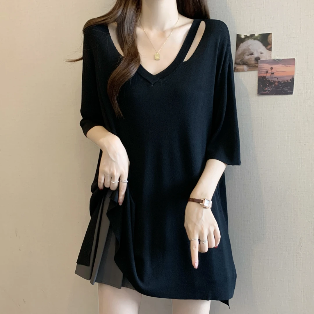 大码宽松遮肚子冰丝针织衫女夏季胖妹妹显瘦设计感中长款短袖上衣