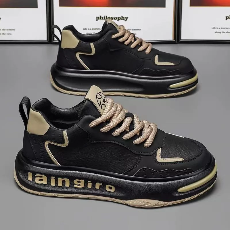 老爹潮鞋2025春季新款男士休闲防滑皮面板鞋潮流百搭增高厚底男鞋