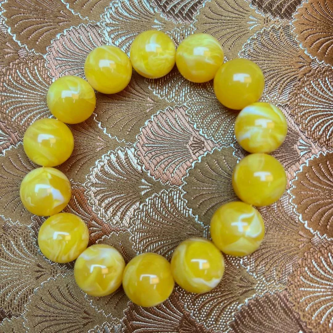 非金属手链 【 炎轩文趣斋】bw黄色带白色纹圆珠手串