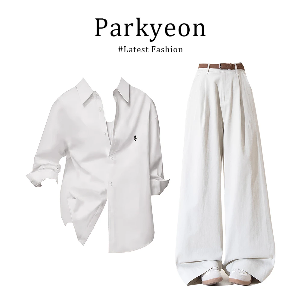 parkyeon法式简约风白色长袖衬衫女微喇阔腿修身牛仔裤早秋一整套
