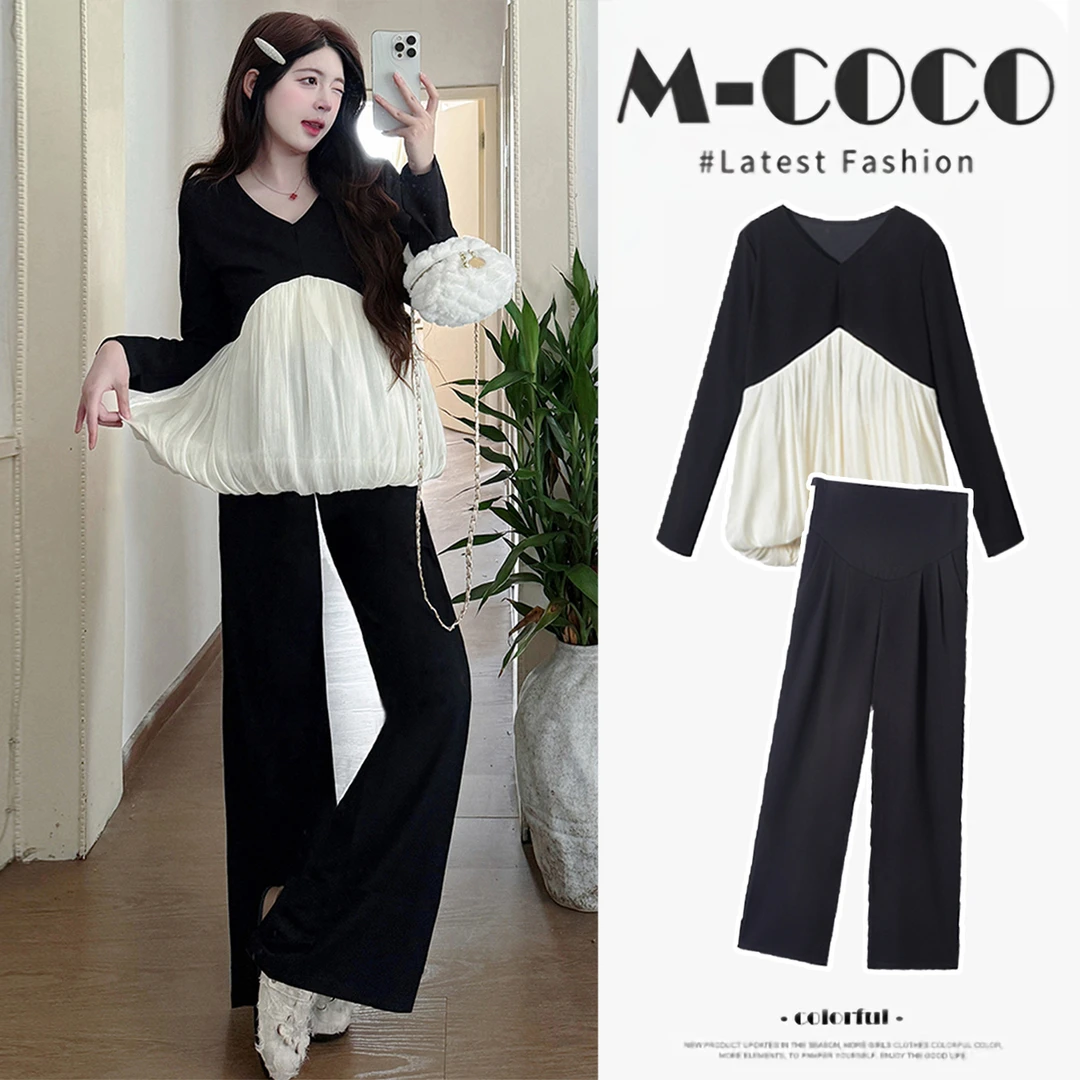 孕妇装秋套装2025新款赫本风黑白拼接上衣两件套孕妈高级穿搭秋季