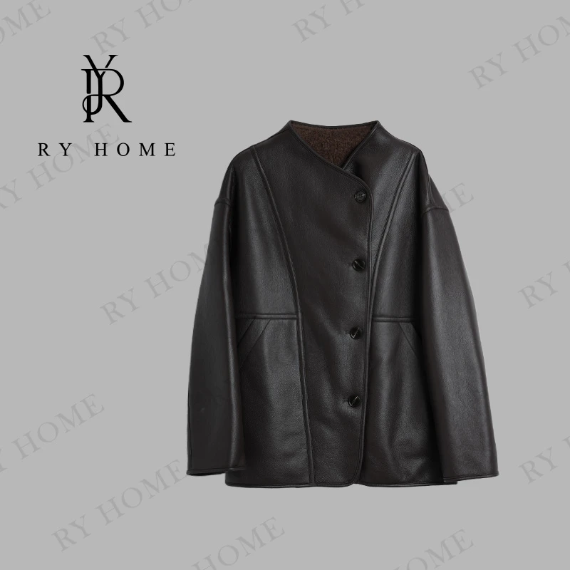 【容雨RYHOME】100绵羊毛~斜领复古机车两面穿绒面外套243W2002