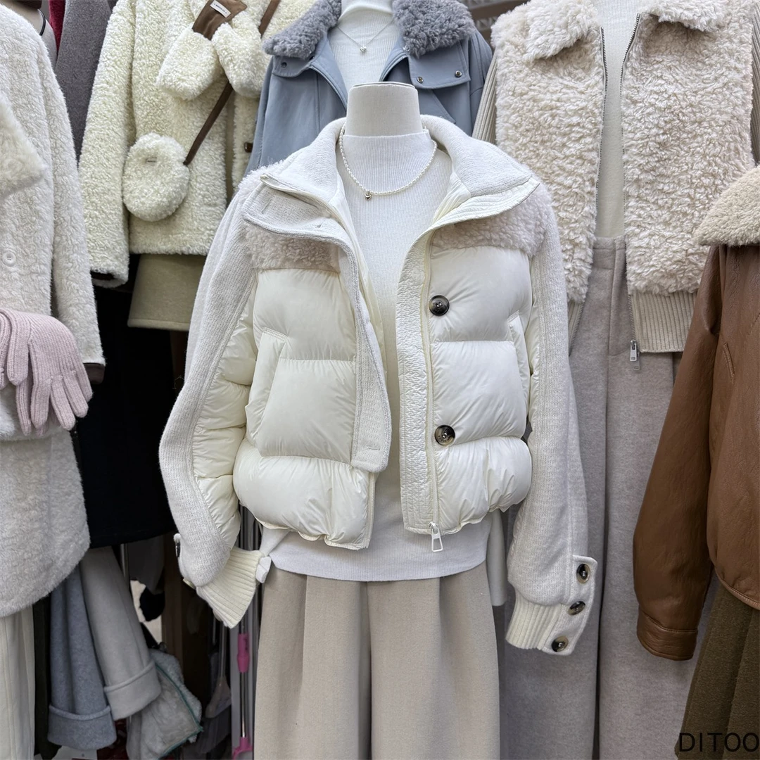 设计感白色羊羔毛针织拼接棉服外套女装2025冬季气质保暖百搭上衣