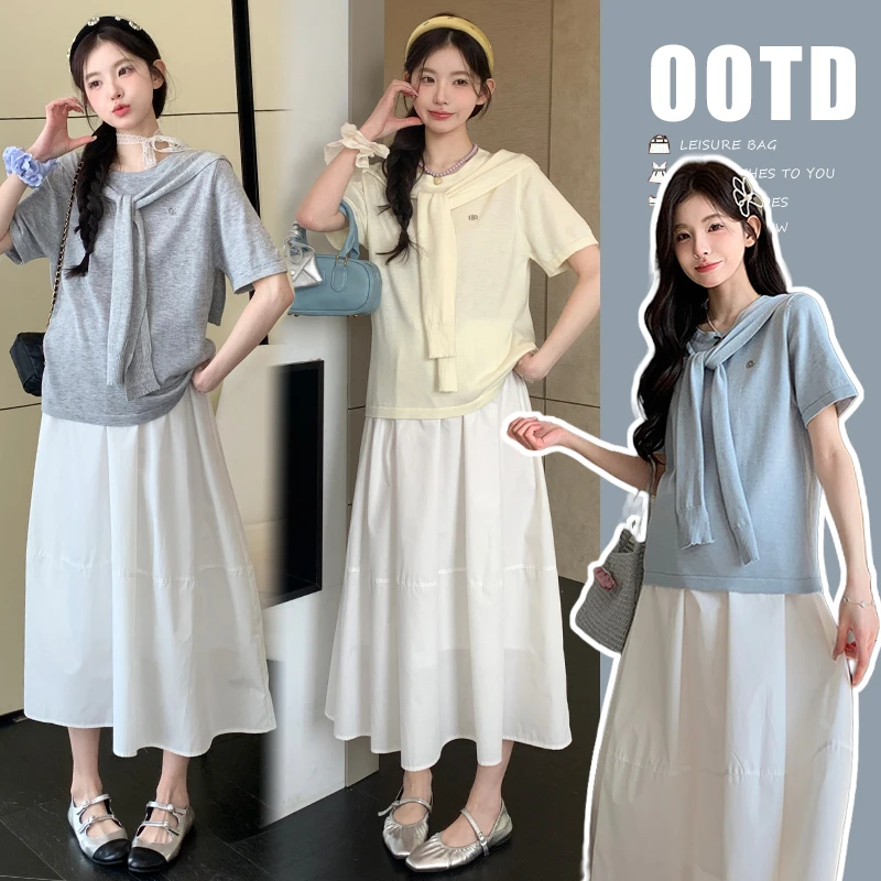 2025新款孕妇装披肩两件套＋白色半裙猪鼻扣可调节洋气时尚