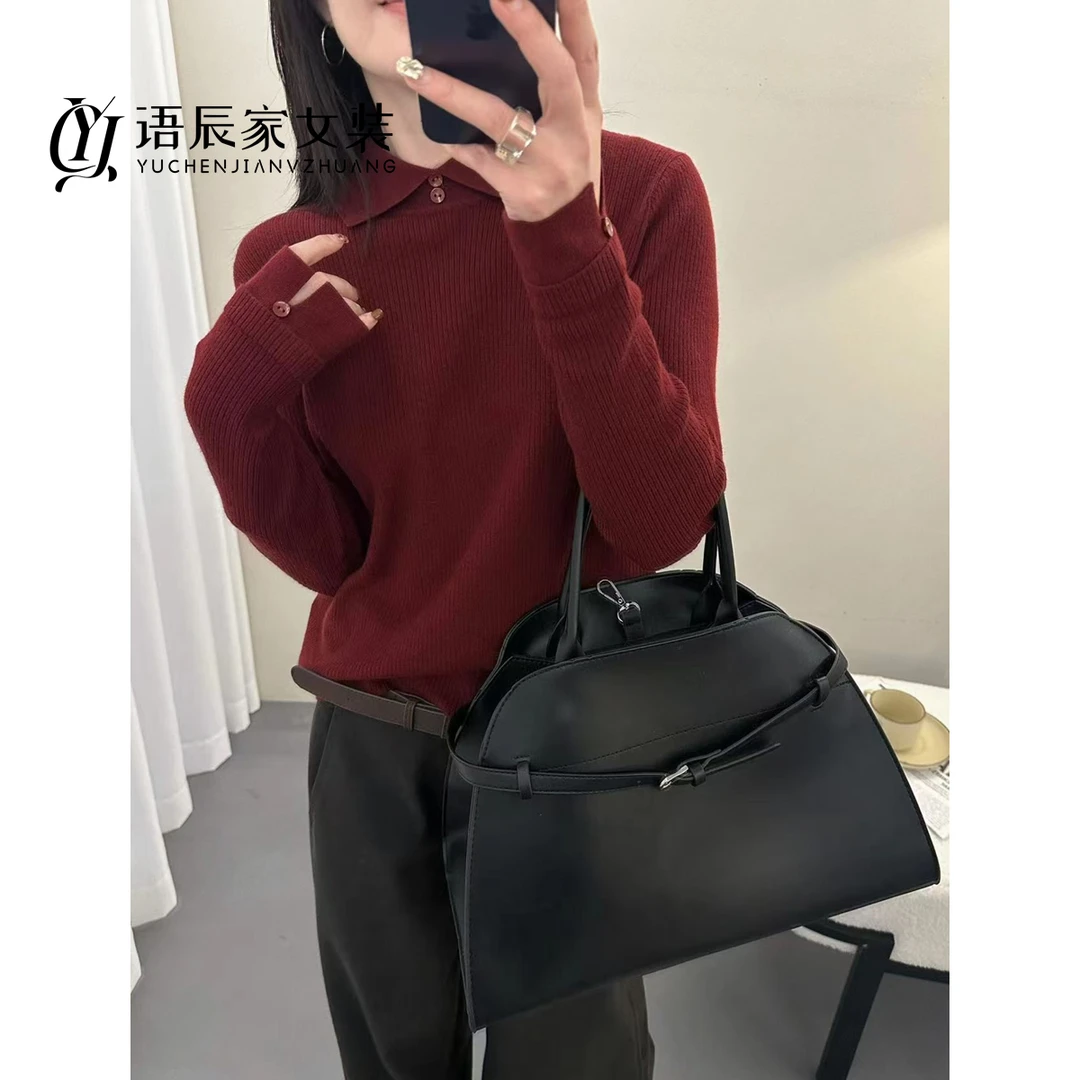 【 线下同款】~高定款! 翻领纯色设计感毛衣打底衫女内搭B1695