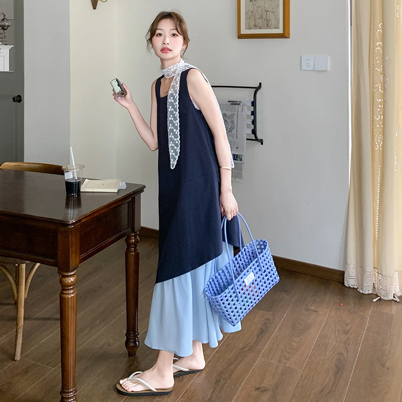 韩版设计感不规则拼接假两件连衣裙女2025夏季新款时尚气质背心裙