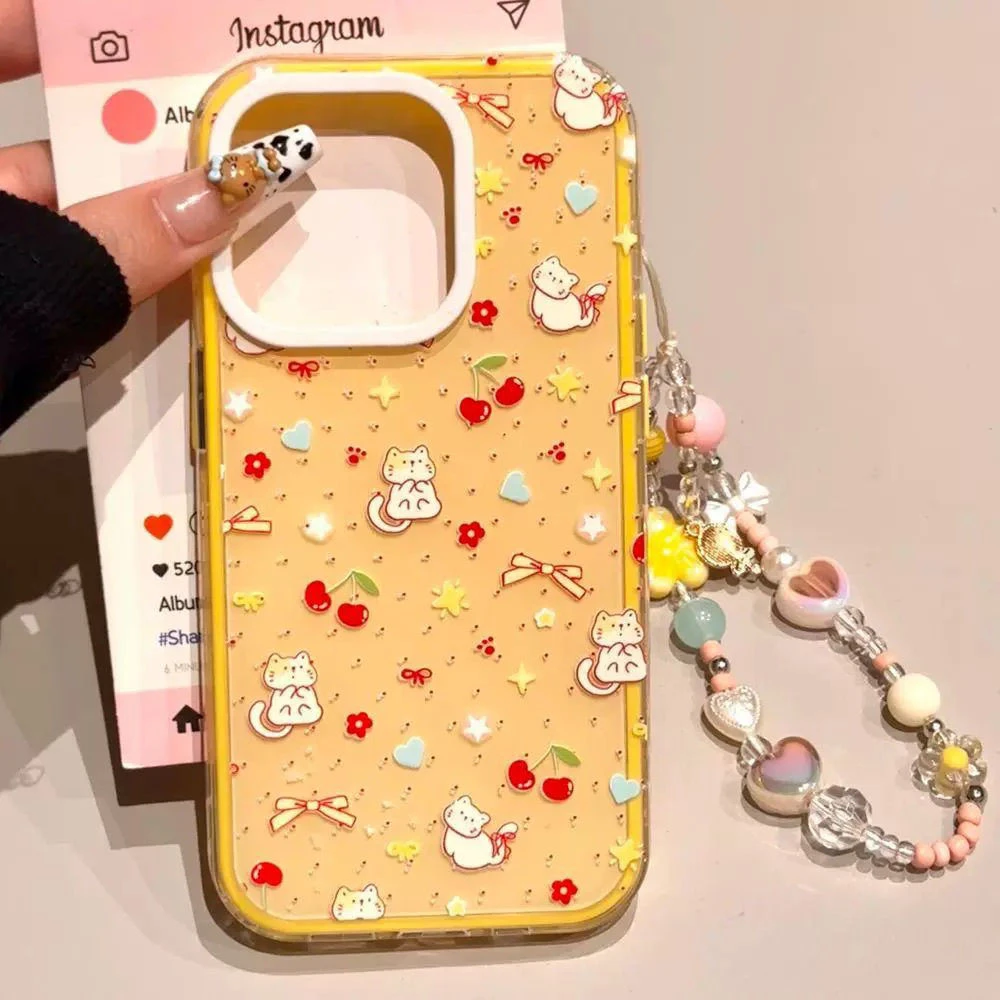 简约ins风黄底樱桃猫咪适用苹果16手机壳iphone16promax高级感13