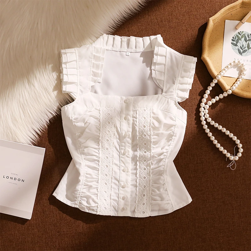 方领小飞袖蕾丝吊带背心女夏外穿设计感小众纯欲辣妹修身短款上衣