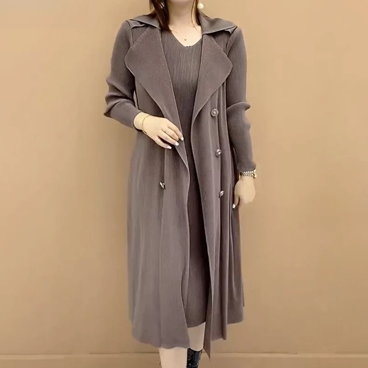 2024时尚褶皱拼接假两件连衣裙秋冬新爆款收腰显瘦长款过膝裙子潮