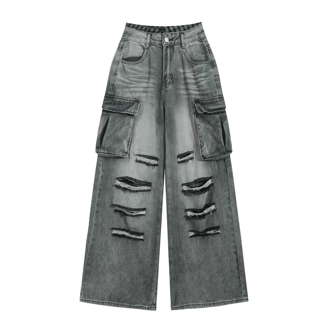 EC2025春季新款韩系破洞阔腿牛仔裤小众重工设计直筒工装裤K8082