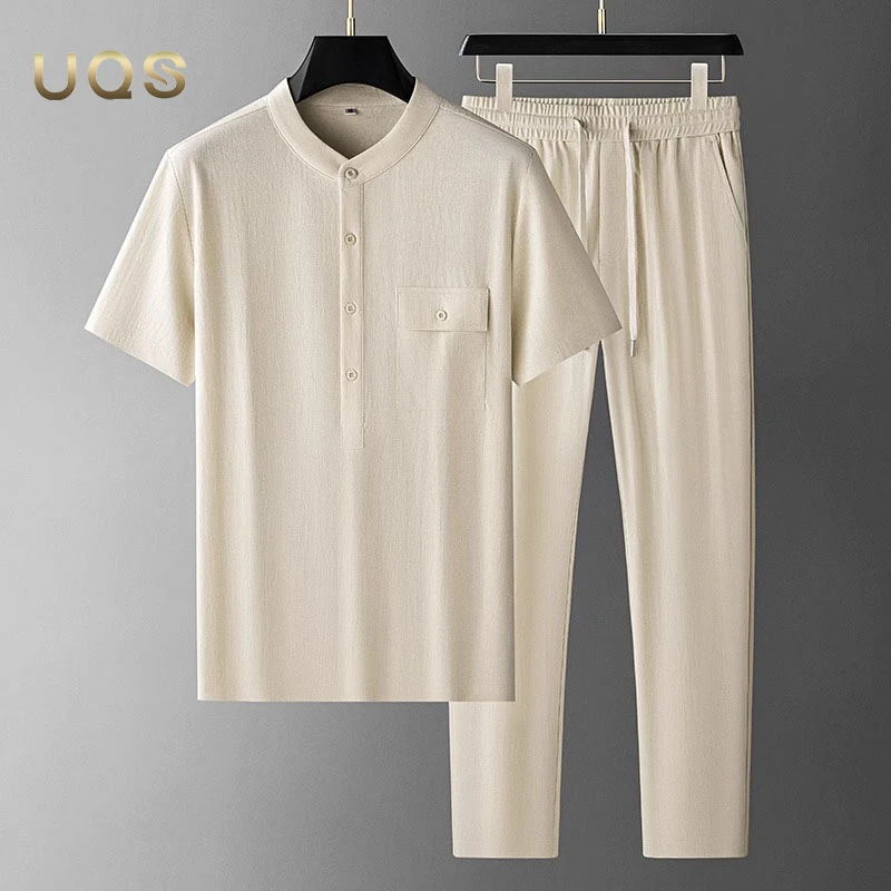 25夏季新款高端纯色男士套装简约休闲轻盈透气时尚舒适日常两件装