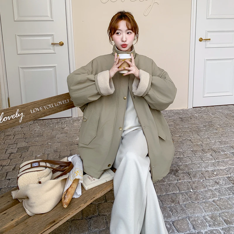 韩系羊羔毛内里工装派克服女2025冬季百搭休闲中长款加厚保暖大衣