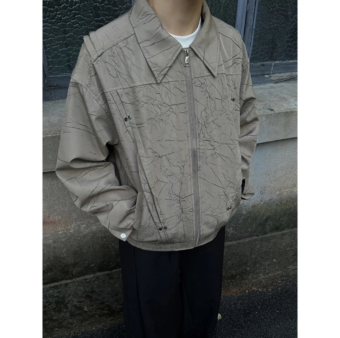 927【王德发】美式复古小众铆钉褶皱外套男春秋新款潮牌高级感夹克