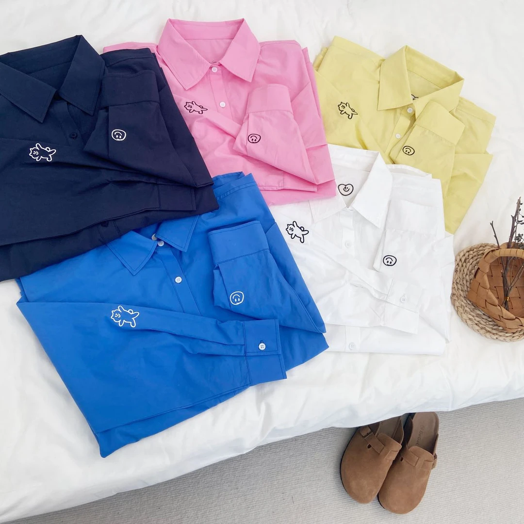 爱心笑脸春季新款纯棉刺绣糖果色内穿外搭衬衫