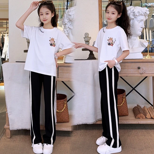 女童夏季短袖套装2025韩版新款女大童T恤学生阔腿裤夏装两件套潮