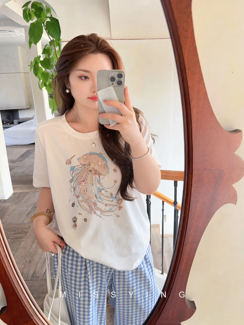 应小姐【海盐碎冰冰】微胖大码韩系夏季设计简约印花圆领短袖+长裤