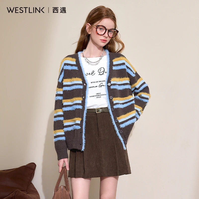 慵懒风设计感撞色毛边条纹长袖针织衫女2024秋冬V领宽松外套