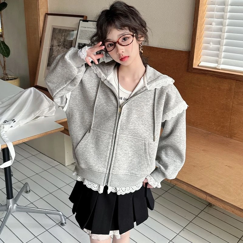 女童卫衣外套春秋2025新款洋气女中大童运动开衫韩范连帽蕾丝外套