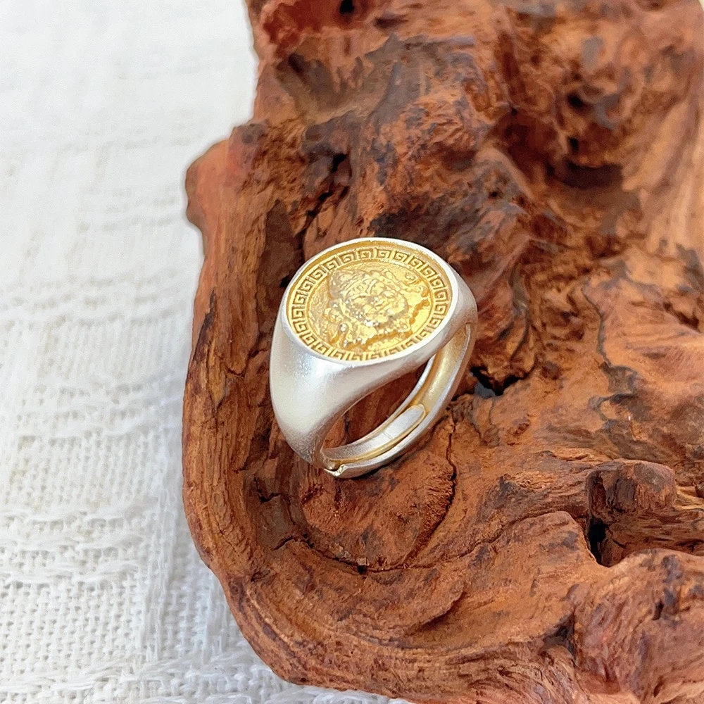 足银戒指 花生银铺「财源」描金黄财神戒指足银999.9古法纯银男女戒