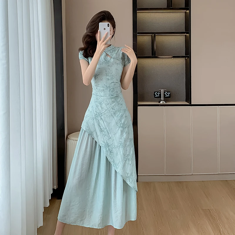 2025夏季新款新中式禅意绿竹假两件气质收腰显瘦长款中国风连衣裙