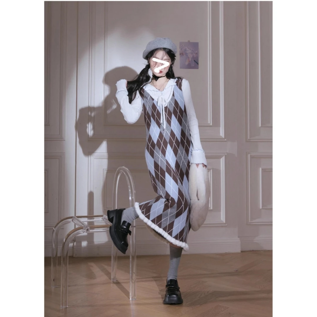 氛围感气质法式复古长袖菱格毛衣裙修身显瘦背心裙女kk-3326