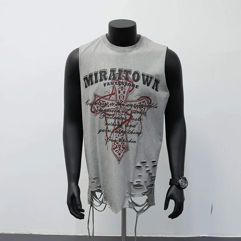 美式复古下摆破洞背心男夏季潮牌坎肩t恤设计感休闲无袖情侣上衣