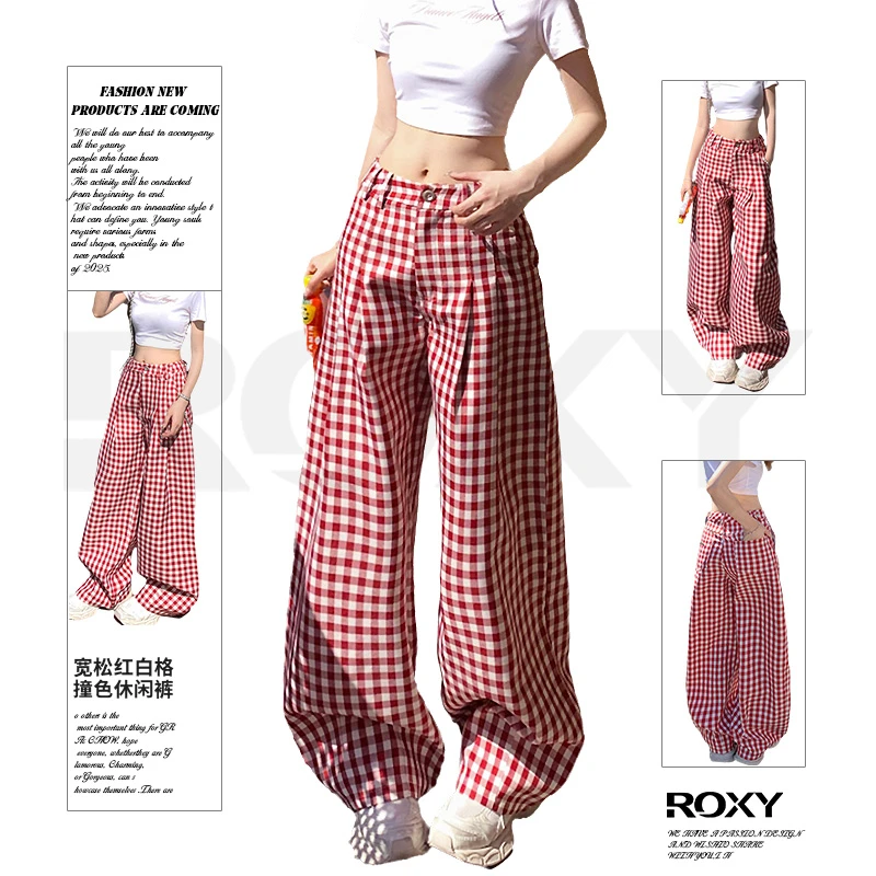 Roxy美式辣妹宽松阔腿裤红白格撞色百搭直筒休闲裤女