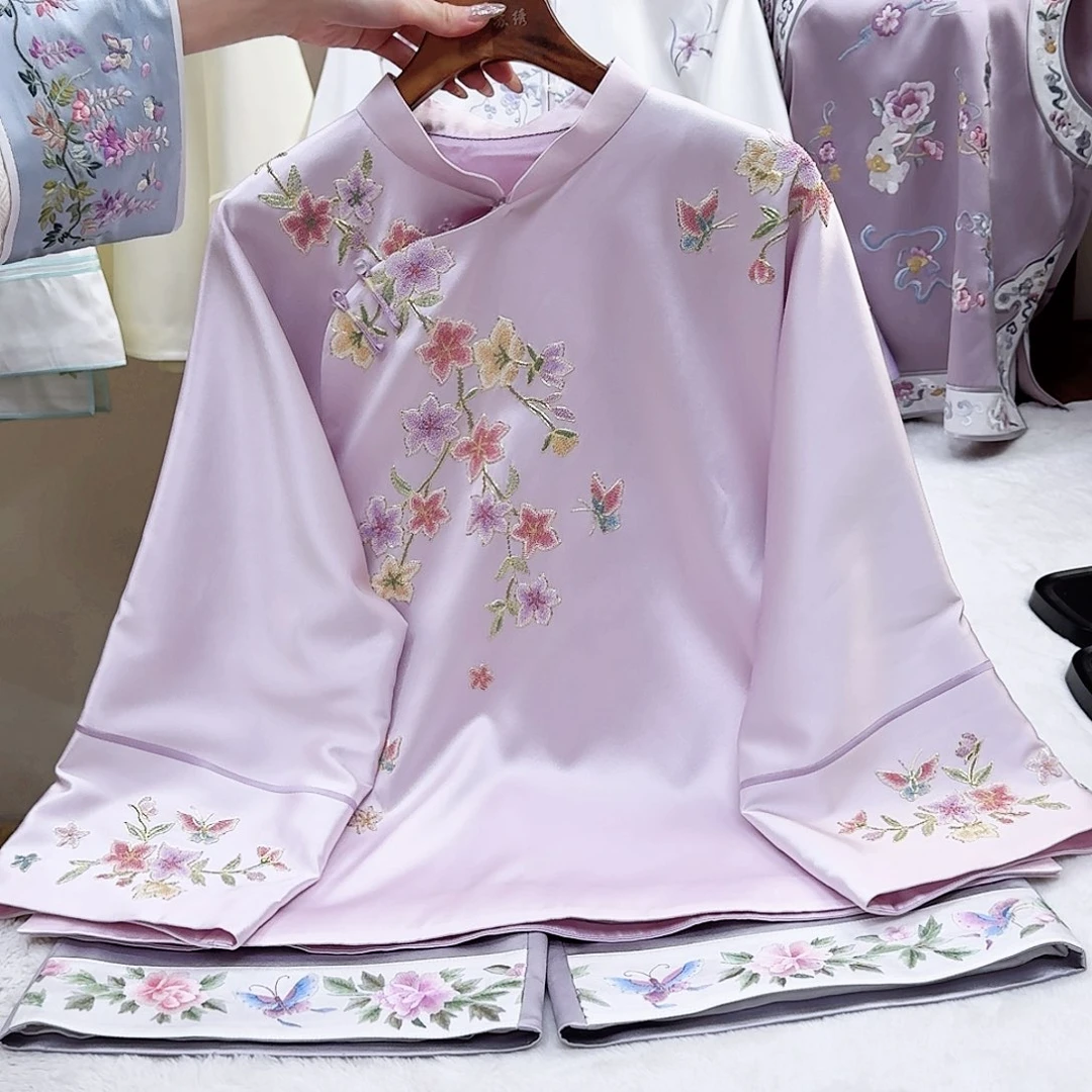 织绣真丝紫色斜襟上衣