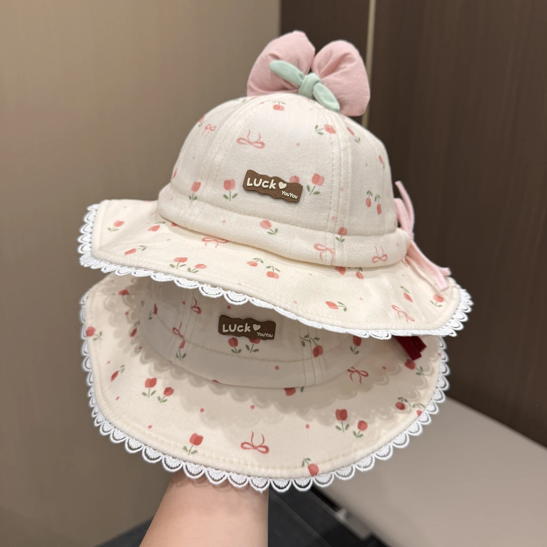 女宝宝帽子春秋季薄款甜美蝴蝶结渔夫帽女童小月龄遮阳可调节盆帽
