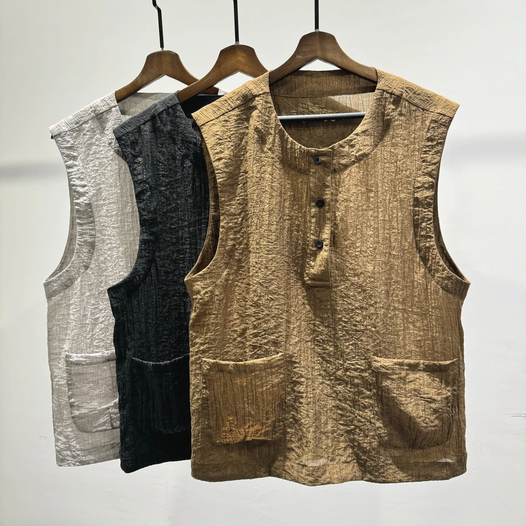 时尚简约轻薄透气轻奢褶皱高级感坎肩背心夏季潮牌男士无袖上衣