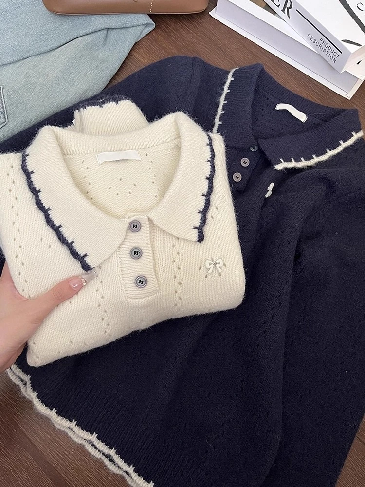 慵懒风polo领长袖针织毛衣女秋季2025新款宽松小个子洋气上衣