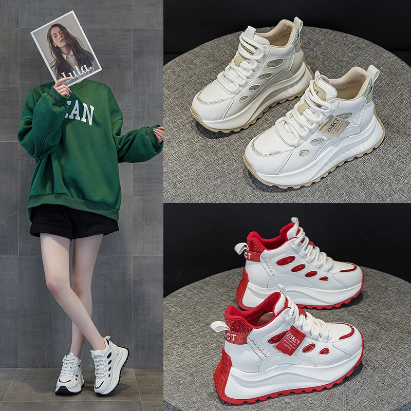 增高7cm真皮高帮鞋子女2025新款爆款百搭秋冬季厚底运动休闲鞋