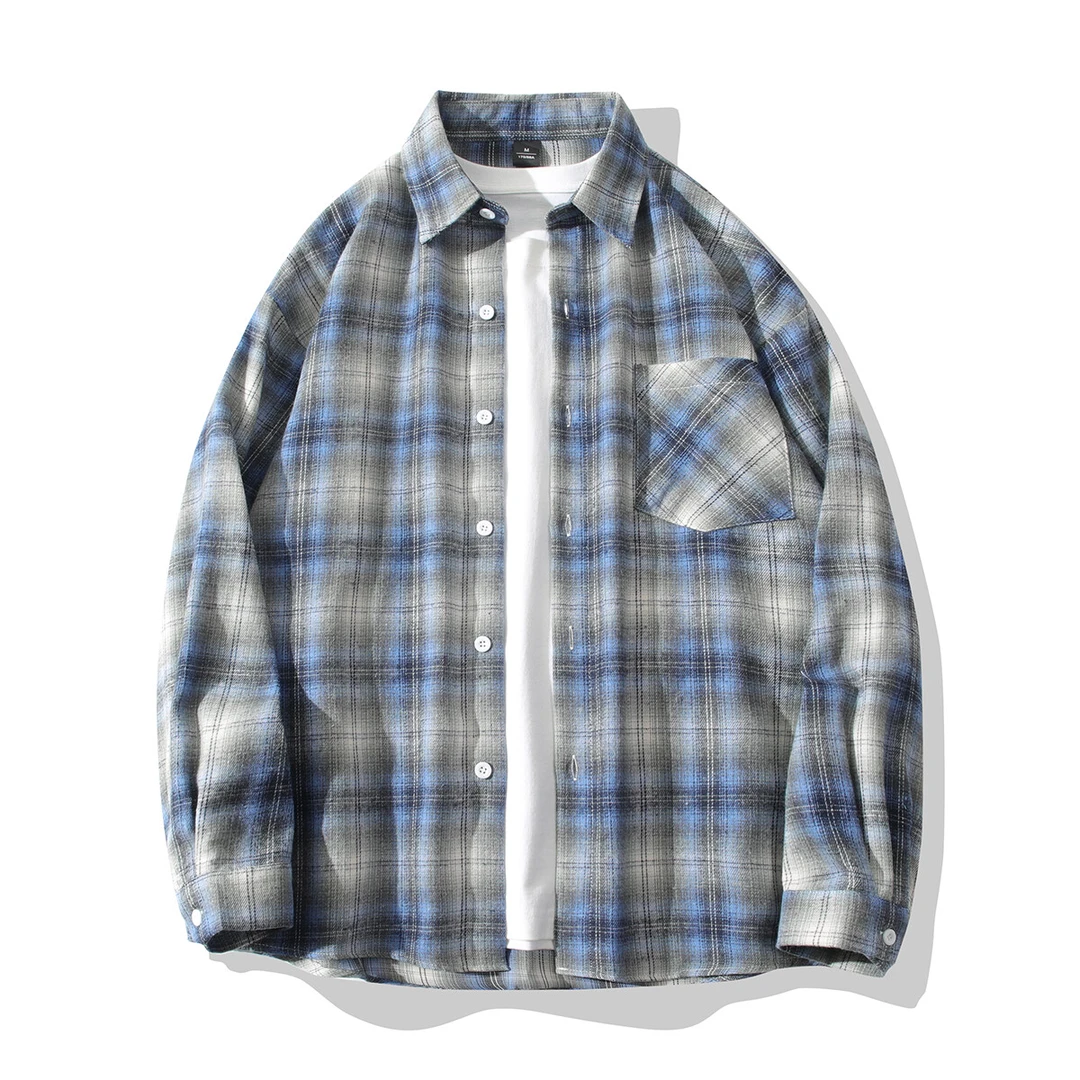 【蓝调山城】春夏蓝色合集长袖百搭格子衬衫格子衬衫日系情侣同款