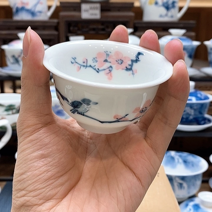 手绘喜上眉梢压手杯85cc釉下彩微瑕福利款