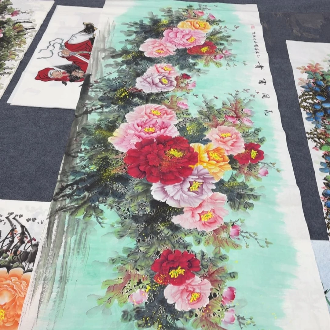 用***2国画1×2.4米洒金牡丹花画画画画