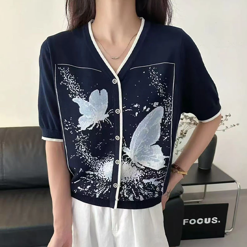 【100天丝莱赛尔】时尚条纹短袖t恤女夏季新款洋气女装针织上衣5130